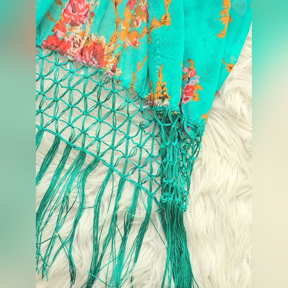 Turquoise, Floral + Fringe Kimono - Picture 6 of 6